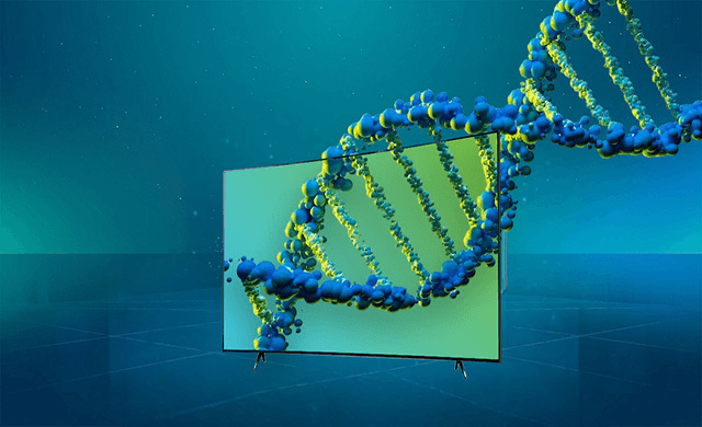 Connected TV with a DNA helix passing through the screen in a digital studio