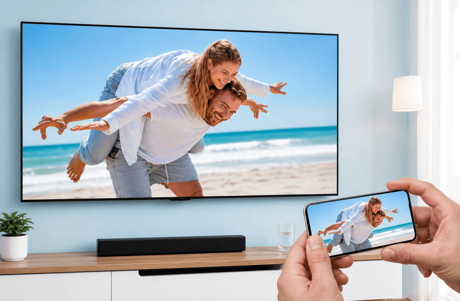 Living-room CTV and a smartphone showing the same beach creative, illustrating second-screen conversion
