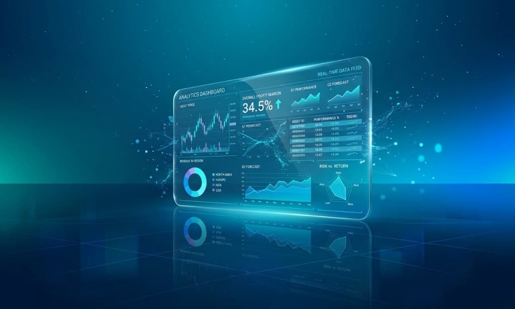 Glowing analytics dashboard with real-time performance charts and yield metrics
